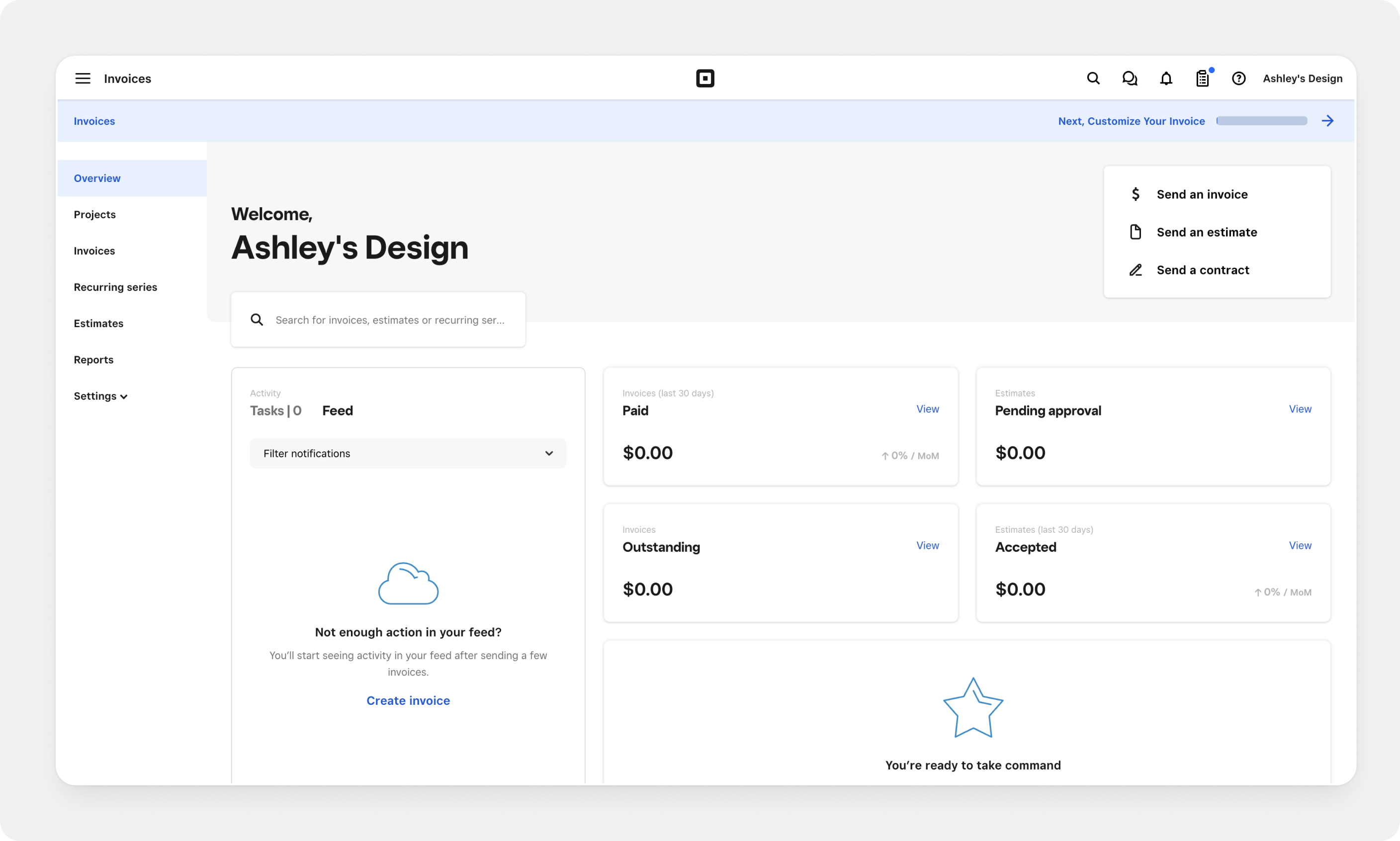Previous Invoices null state showing an empty dashboard
